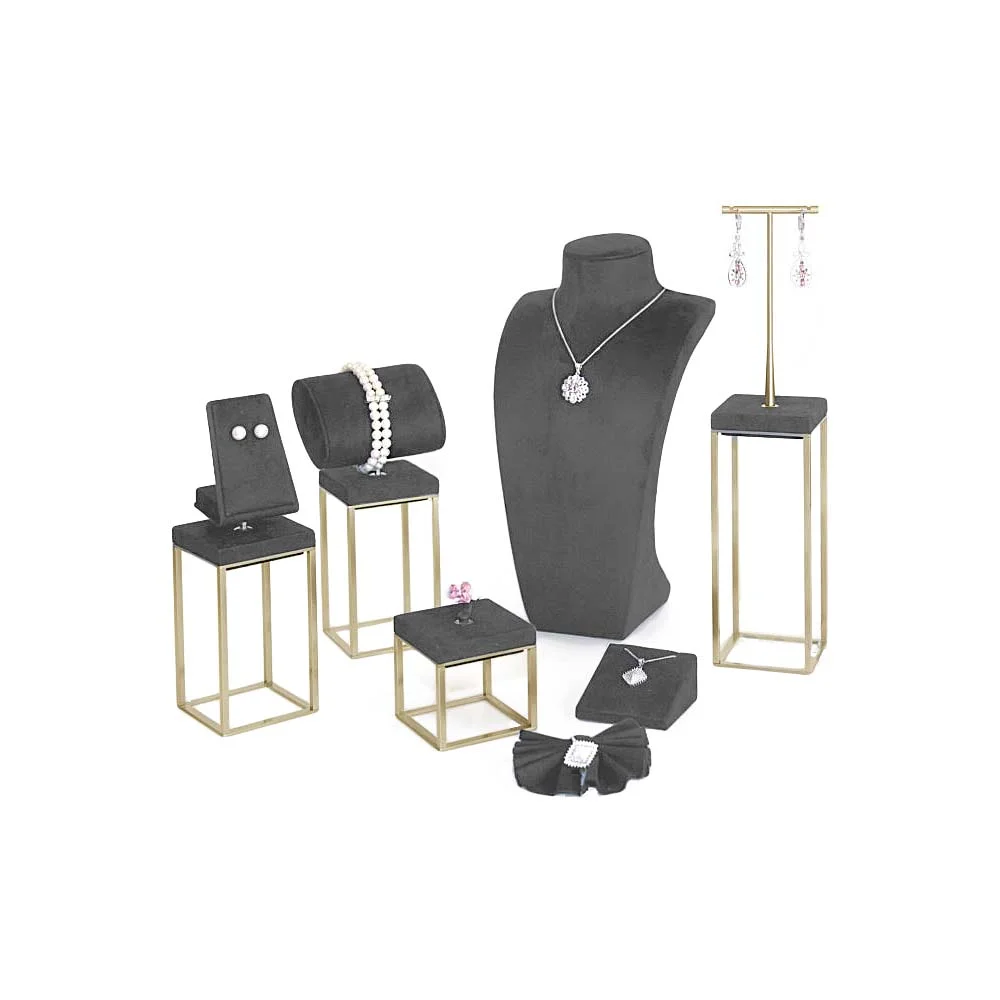Vetrina per gioielli in metallo e microfibra Ottone e Grigio Stelo 60-15